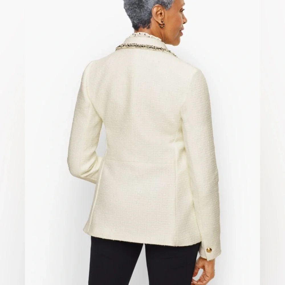 EUC Talbots Cream Tweed Blazer w/ Fringe Trim
